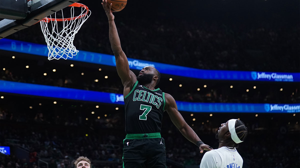 Boston Celtics guard Jaylen Brown (7) drivers the ball to the basket against the Orlando Magic in the third quarter during game five of first round for the 2025 NBA Playoffs at TD Garden.