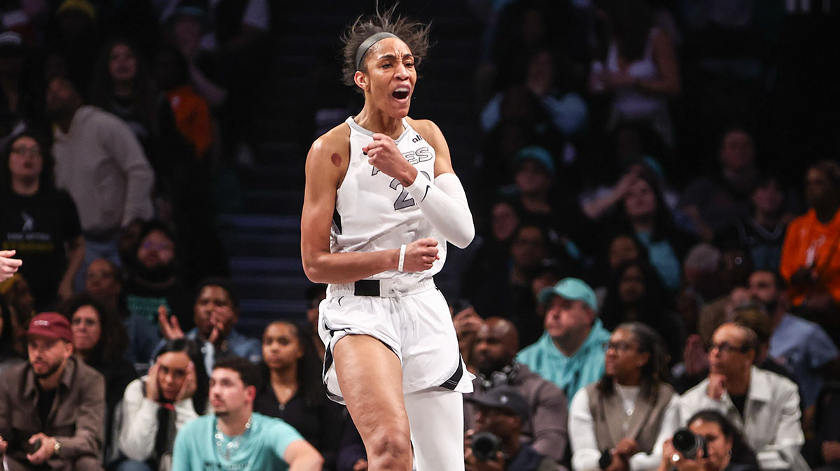 Oct 1, 2024; Brooklyn, New York, USA; Las Vegas Aces center A'ja Wilson (22) celebrates after scoring in the fourth quarter against the New York Liberty during game two of the 2024 WNBA Semi-finals at Barclays Center. Mandatory Credit: Wendell Cruz-Imagn Images