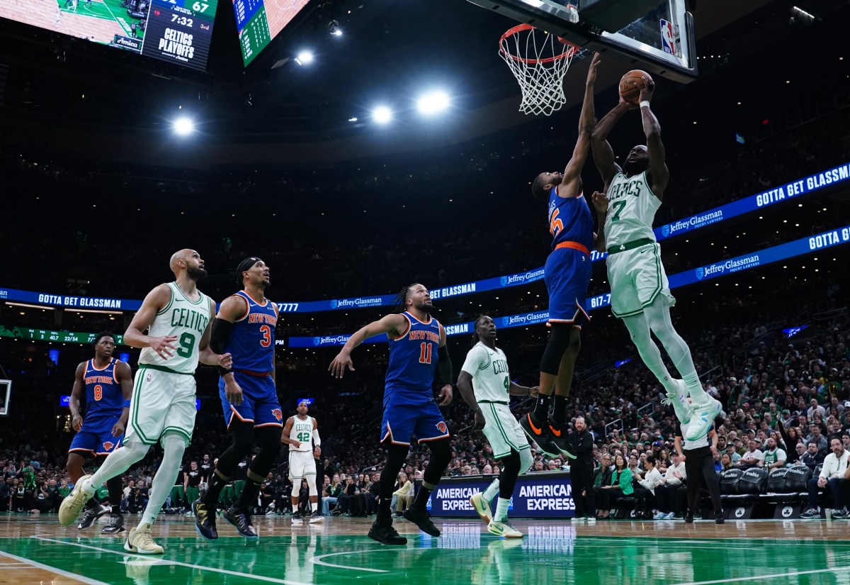 Boston Celtics guard Jaylen Brown (7) works the ball against New York Knicks forward Mikal Bridges (25) in the third quarter during game one of the second round for the 2025 NBA Playoffs at TD Garden.