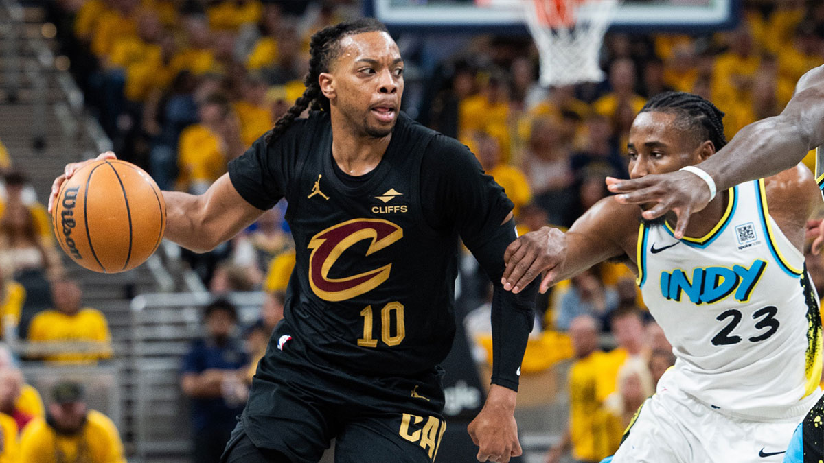 Cleveland Cavaliers guard Darius Garland (10) dribbles the ball while Indiana Pacers forward Aaron Nesmith (23) defends during game three of the second round for the 2025 NBA Playoff