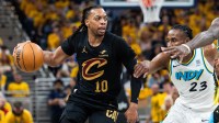 Cleveland Cavaliers guard Darius Garland (10) dribbles the ball while Indiana Pacers forward Aaron Nesmith (23) defends during game three of the second round for the 2025 NBA Playoff