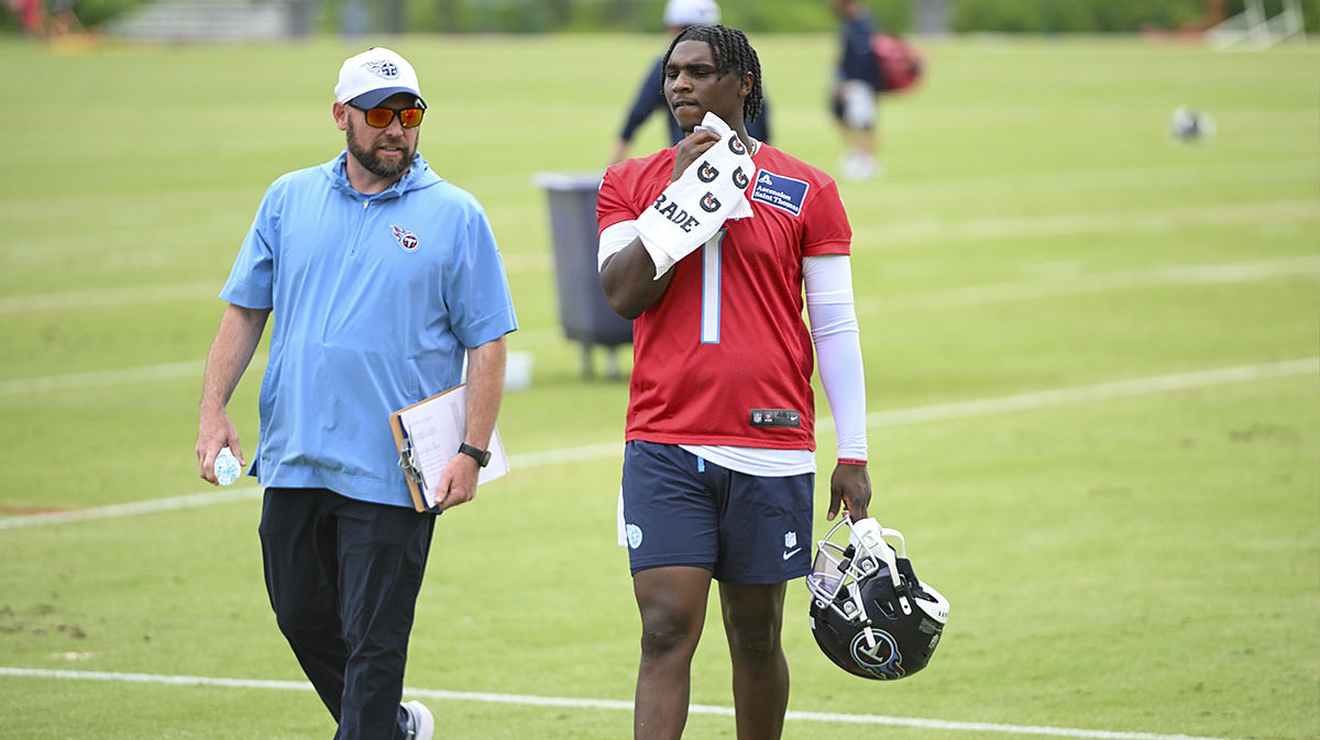 Tennessee Titans quarterback Cam Ward (1) walks of the field after finish first day of rookie mini camp at Saint Thomas Sports Park.