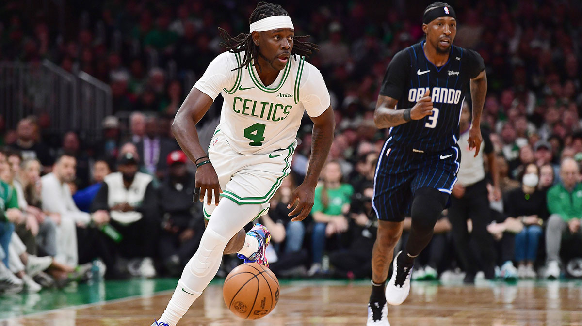Boston Celtics guard Jrue Holiday (4) controls the ball during the second half against the Orlando Magic at TD Garden.