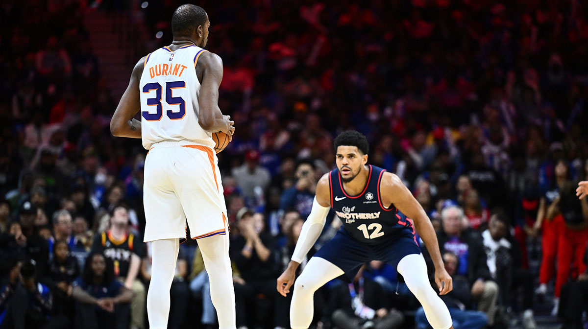 Phoenix Suns forward Kevin Durant (35) controls the ball against Philadelphia 76ers forward Tobias Harris (12) in the third quarter at Wells Fargo Center.