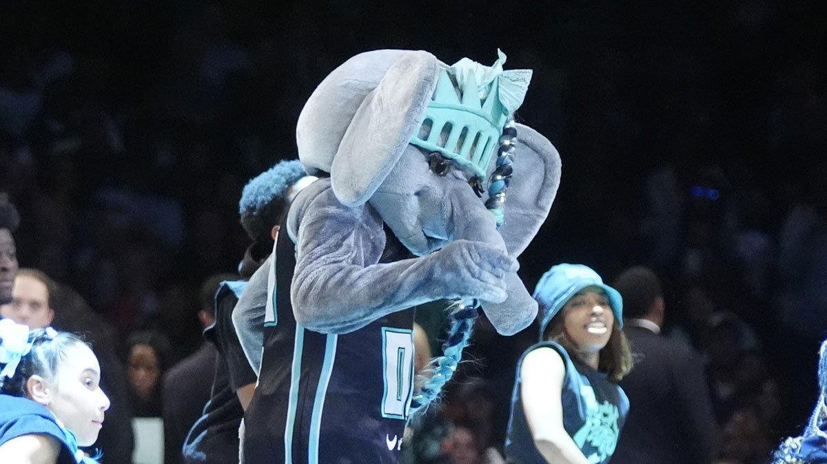 Ellie the New York Liberty mascot performs during game one of the 2024 WNBA Semi-finals against the Las Vegas Aces at Barclays Center.