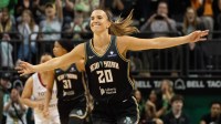 New York Liberty Sabrina Ionescu celebrates a 3-point shot against the Toyota Antelopes during the second half at Matthew Knight Arena May 12, 2025 in Eugene.