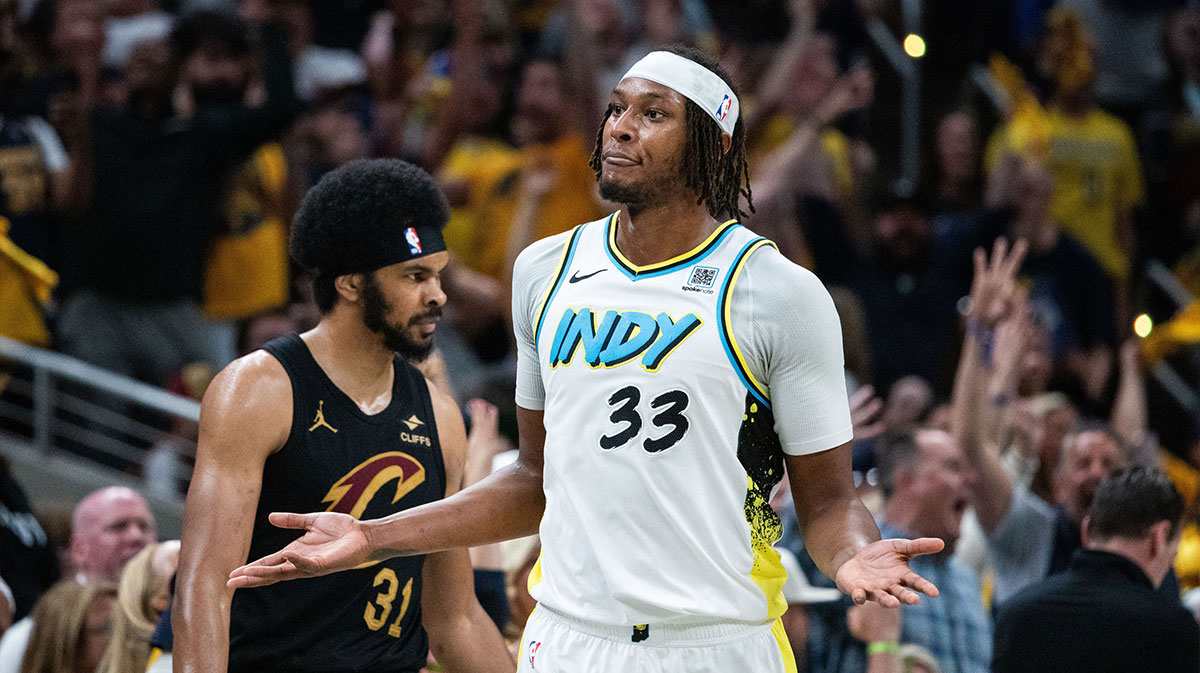 Indiana Pacers center Myles Turner (33) celebrates a made basket during game four of the second round for the 2025 NBA Playoffs against the Cleveland Cavaliers at Gainbridge Fieldhouse.