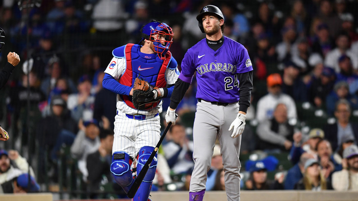 Colorado Rockies third baseman Ryan McMahon (24) reacts after striking out during the eleventh inning.