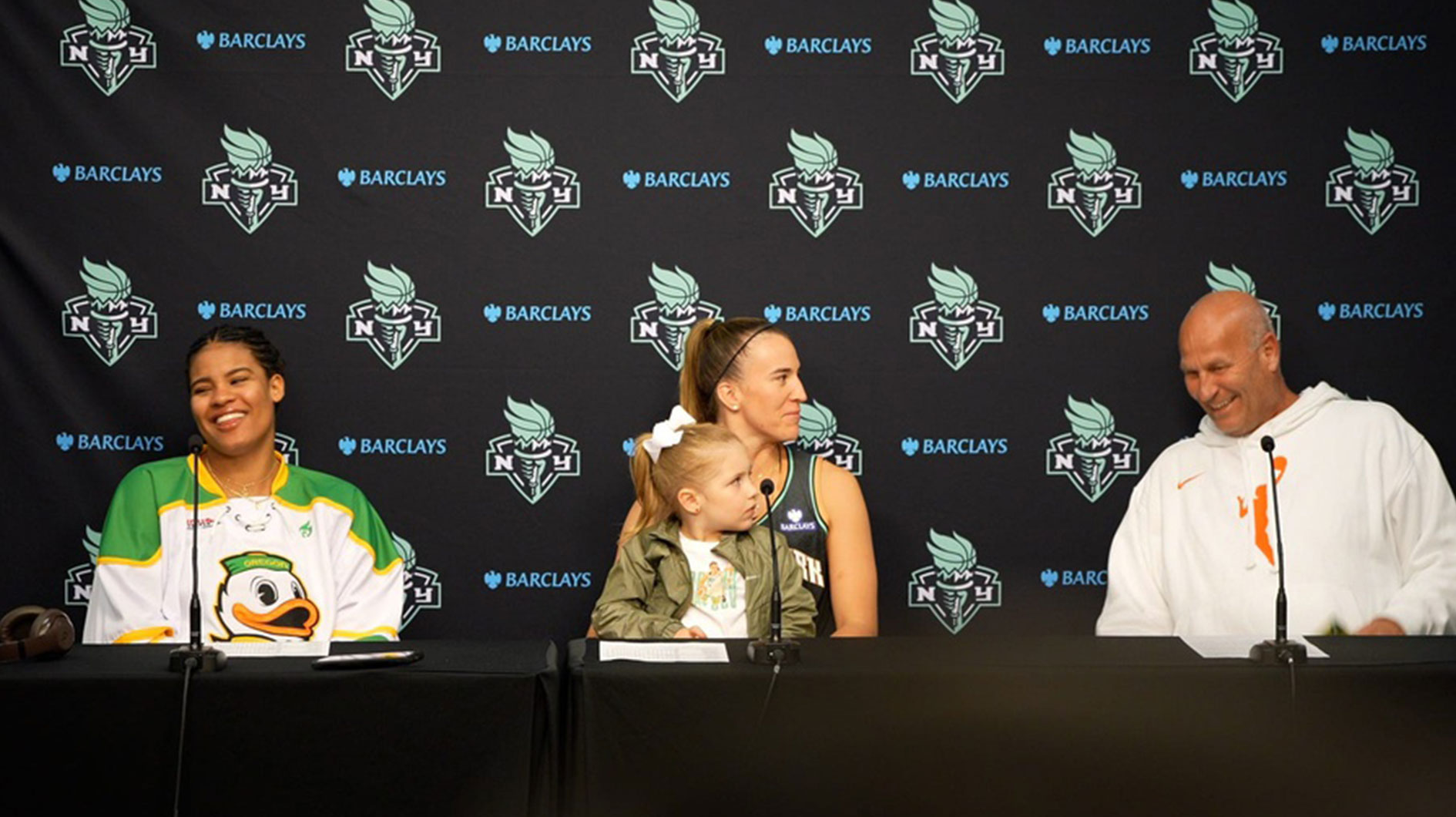 Nyara Sabally and Coach Kelly Graves joke about what a statue of Sabrina Ionescu would look like.