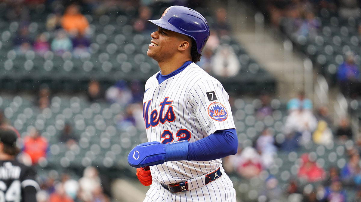 New York Mets right fielder Juan Soto (22) reacts after being forced out during the third inning against the Chicago White Sox at Citi Field.