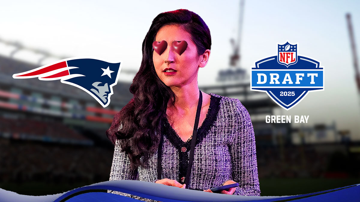 Mina Kimes with hearts over her eyes, with the New England Patriots logo in the background, as well as the 2025 NFL Draft logo