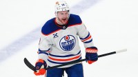 Edmonton Oilers left wing Zach Hyman (18) celebrates after scoring a goal against the Vegas Golden Knights during the third period of game one of the second round of the 2025 Stanley Cup Playoffs at T-Mobile Arena.