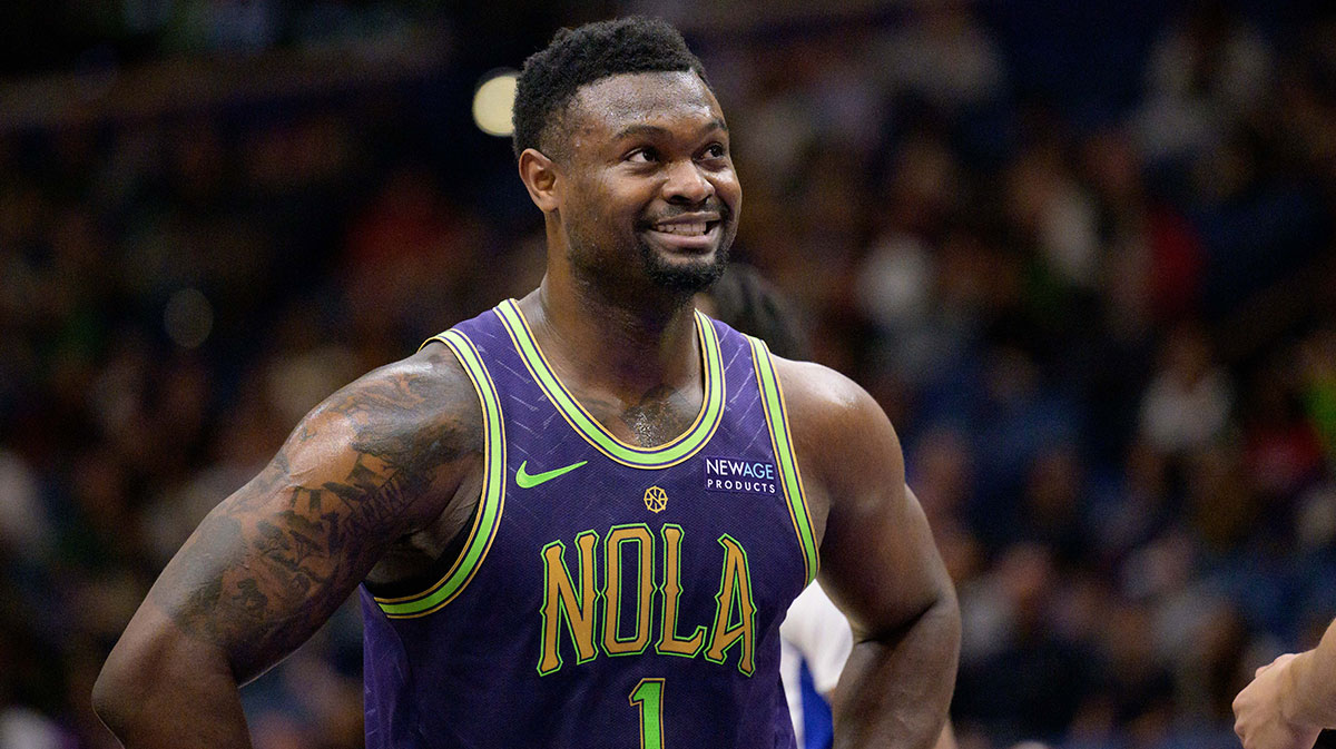 New Orleans Pelicans forward Zion Williamson (1) reacts during the first half against the Detroit Pistons at Smoothie King Center.