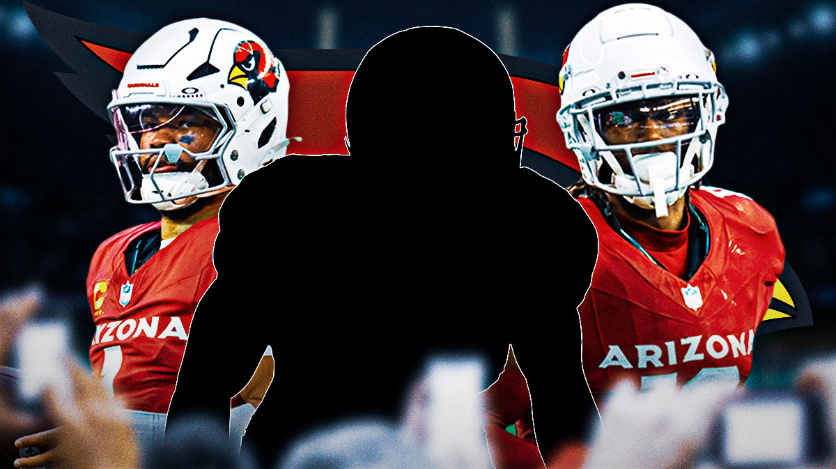 Mystery player in the middle, Kyler Murray and Marvin Harrison Jr around him, Cardinals logo in the background