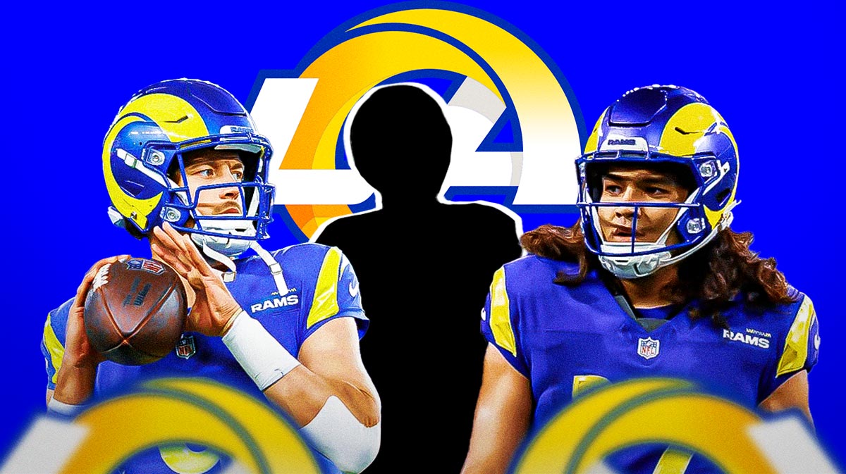 Mystery player in the middle, Matthew Stafford and Puka Nacua around him, Rams logo in the background