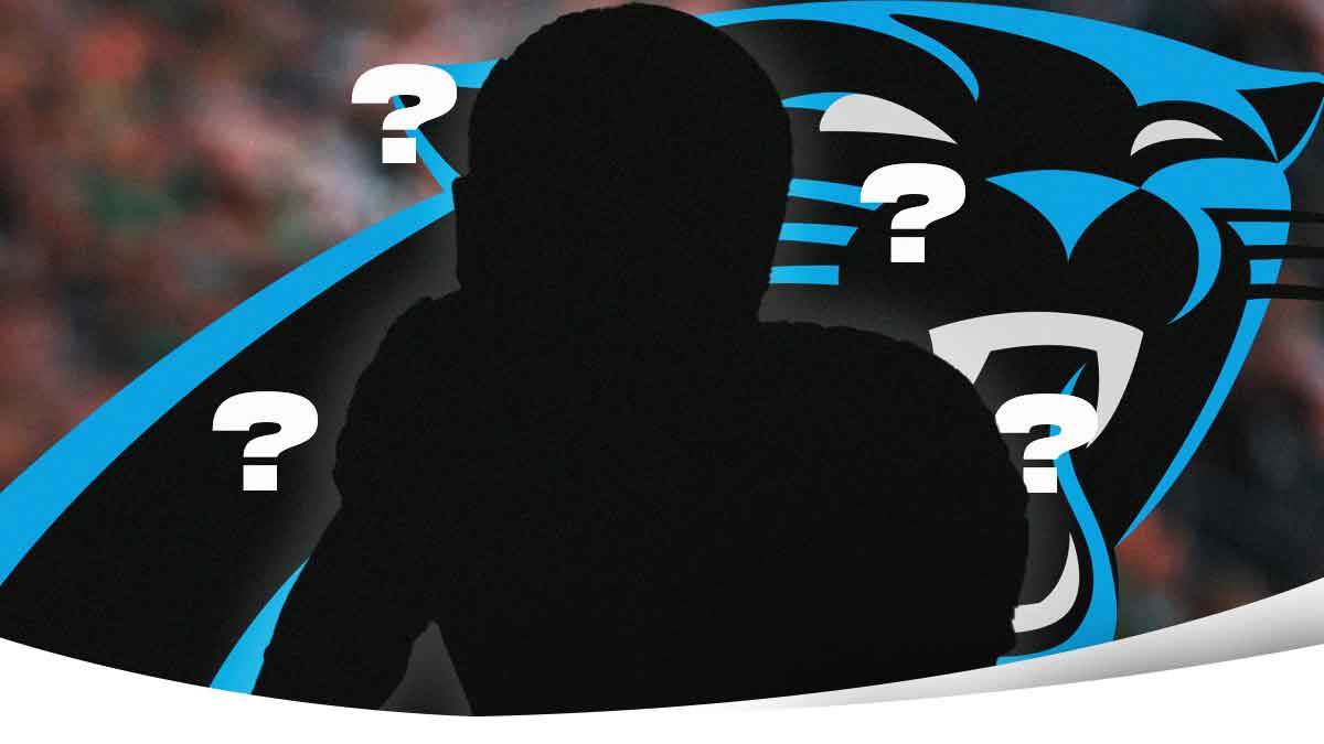 One mystery player in the middle, Bryce Young, Alex Highsmith around him, Carolina Panthers logo in the background