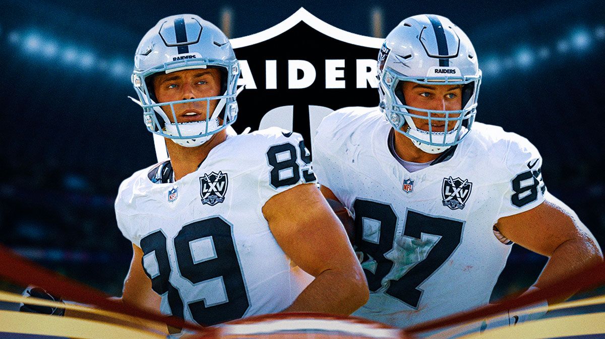 Las Vegas Raiders tight end Michael Mayer next to tight end Brock Bowers. There is also a logo for the Las Vegas Raiders.