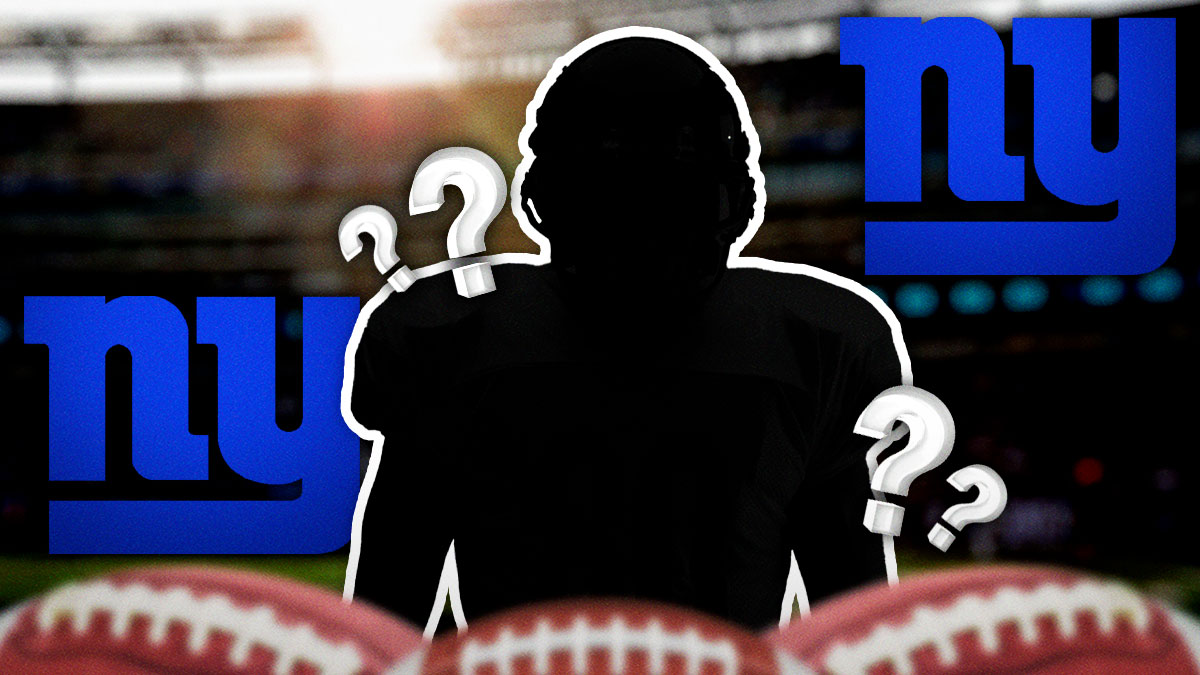 One mystery player in the middle, Russell Wilson, Alex Highsmith around him, New York Giants logo in the background