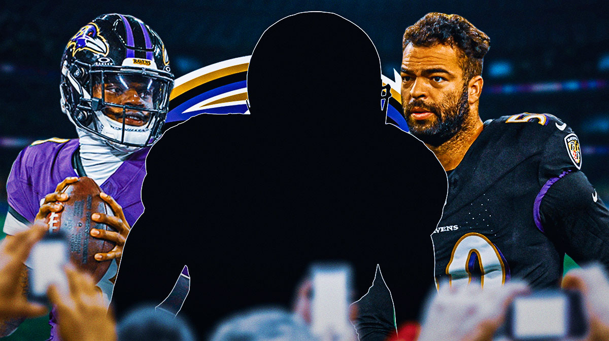 One mystery player in the middle, Lamar Jackson, Kyle Van Noy around him, Baltimore Ravens logo in the background