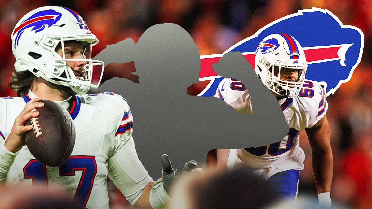 One mystery player in the middle, Josh Allen, Greg Rousseau around him, Buffalo Bills logo in the background