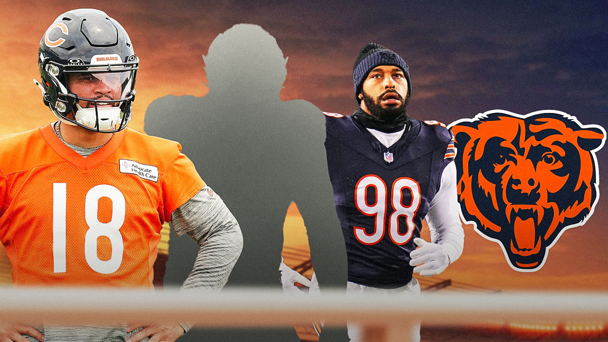 One mystery player in the middle, Caleb Williams, Montez Sweat around him, Chicago Bears logo in the background