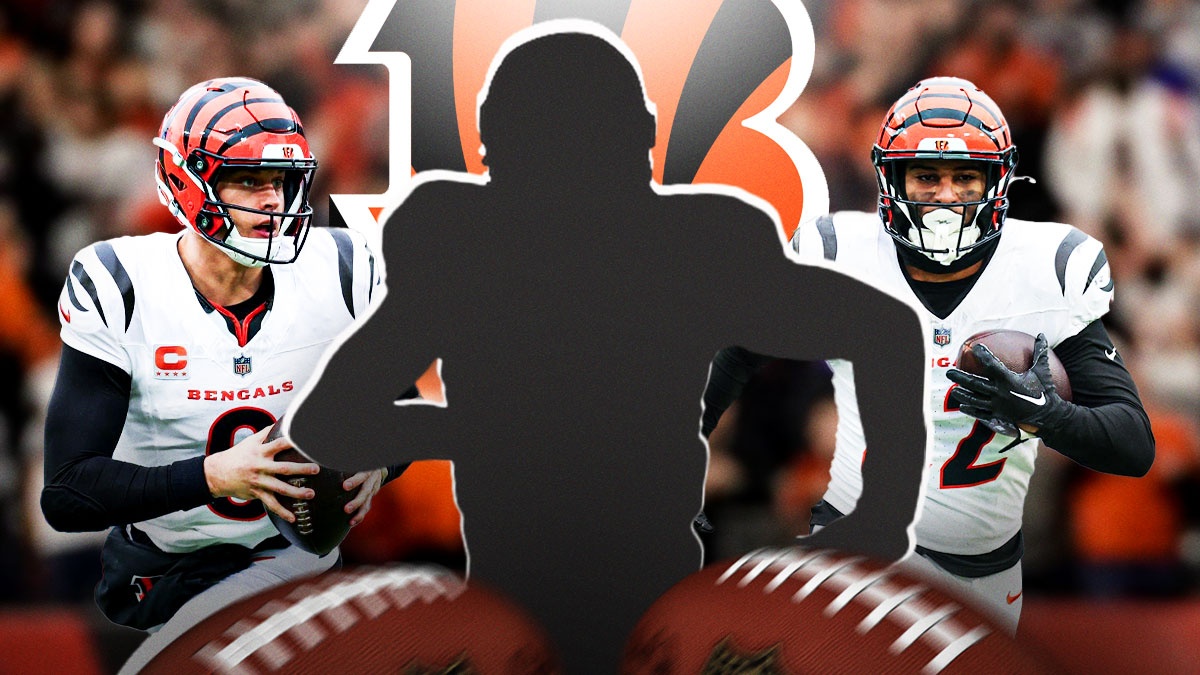 One mystery player in the middle, Joe Burrow, Geno Stone around him, Cincinnati Bengals logo in the background