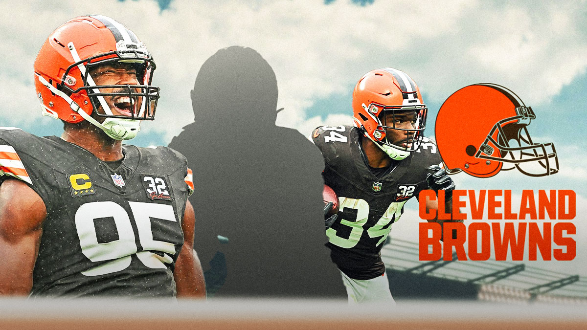 One mystery player in the middle, Myles Garrett, Jerome Ford around him, Cleveland Browns logo in the background