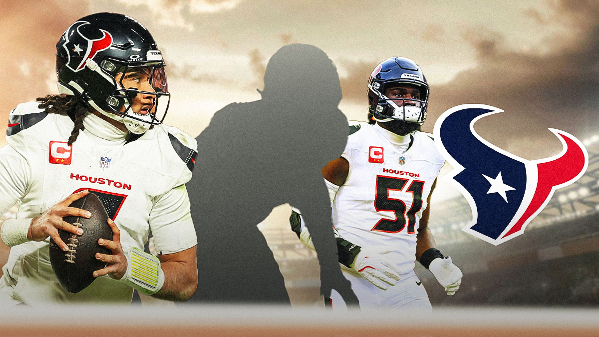 One mystery player in the middle, CJ Stroud, Will Anderson Jr around him, Houston Texans logo in the background
