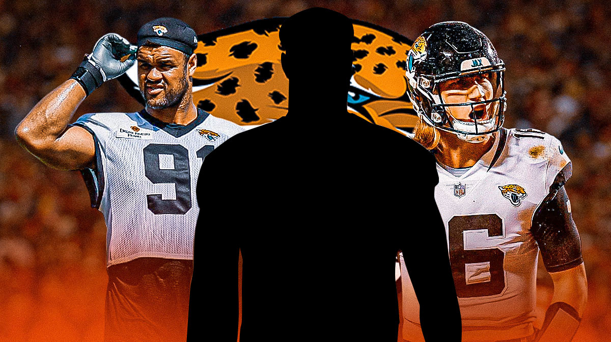 One mystery player in the middle, Trevor Lawrence, Arik Armstead around him, Jacksonville Jaguars logo in the background