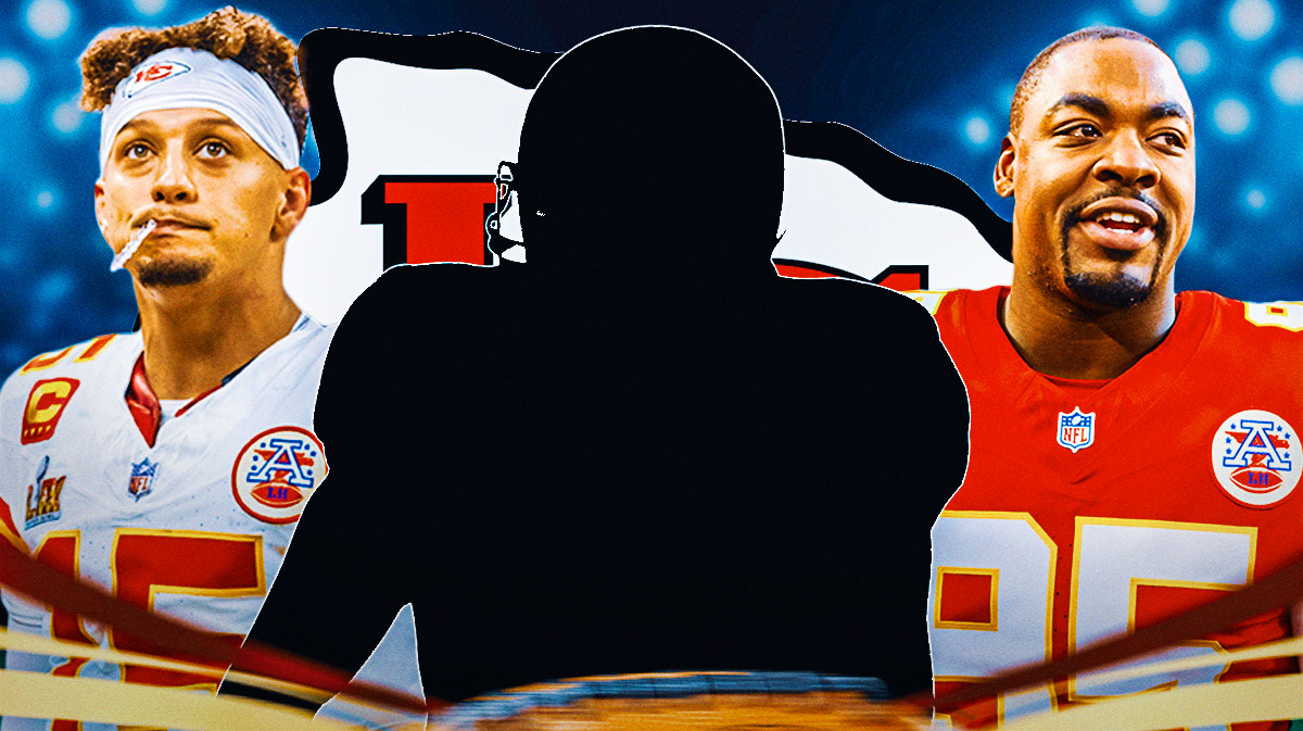 One mystery player in the middle, Patrick Mahomes, Chris Jones around him, Kansas City Chiefs logo in the background