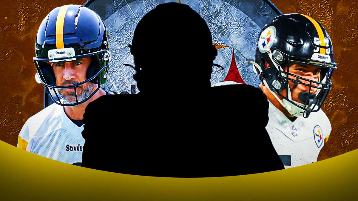 One mystery player in the middle, Aaron Rodgers, Alex Highsmith around him, Pittsburgh Steelers logo in the background