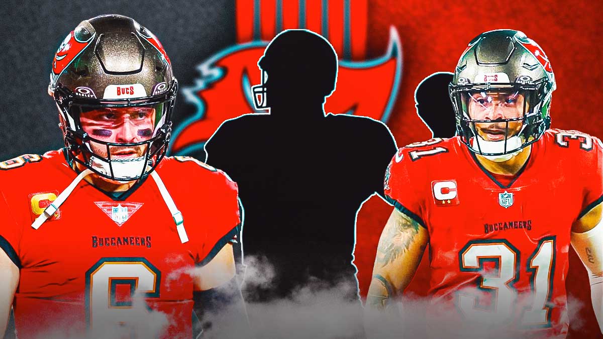 One mystery player in the middle, Baker Mayfield, Antoine Winfield Jr around him, Tampa Bay Buccaneers logo in the background