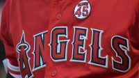 Detailed view of a memorial patch for Los Angeles Angels pitcher Tyler Skaggs (45) on the jersey of designated hitter Shohei Ohtani (17) at Angel Stadium of Anaheim. Skaggs, 27, died at a hotel in Southlake, Texas, July 1, 2019, where he was found unresponsive prior to a game against the Texas Rangers.