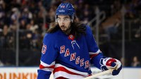 New York Rangers center Mika Zibanejad (93) skates against the Seattle Kraken during the first period at Madison Square Garden.