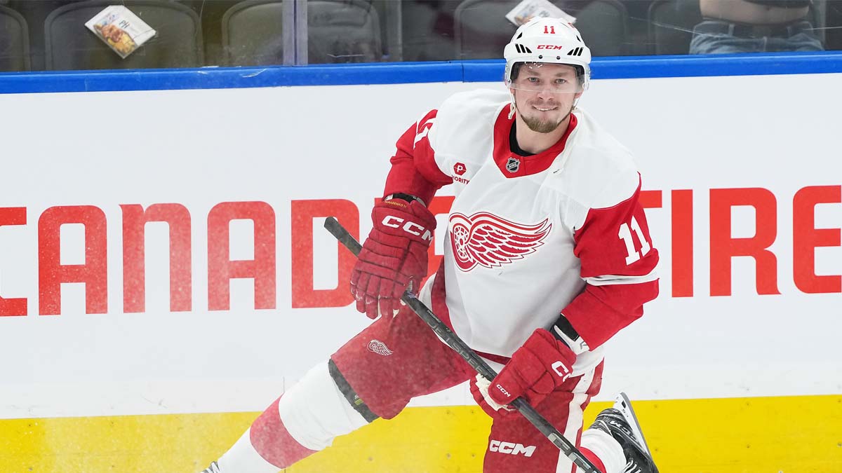 Detroit Red Wings right wing Vladimir Tarasenko (11) stretches during the warmup before a game against the Toronto Maple Leafs at Scotiabank Arena.