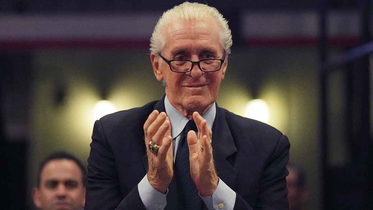 Miami Heat president Pat Riley applauds Chris Bosh during a brief ceremony during the game between the Miami Heat and Atlanta Hawks at Miami-Dade Arena.