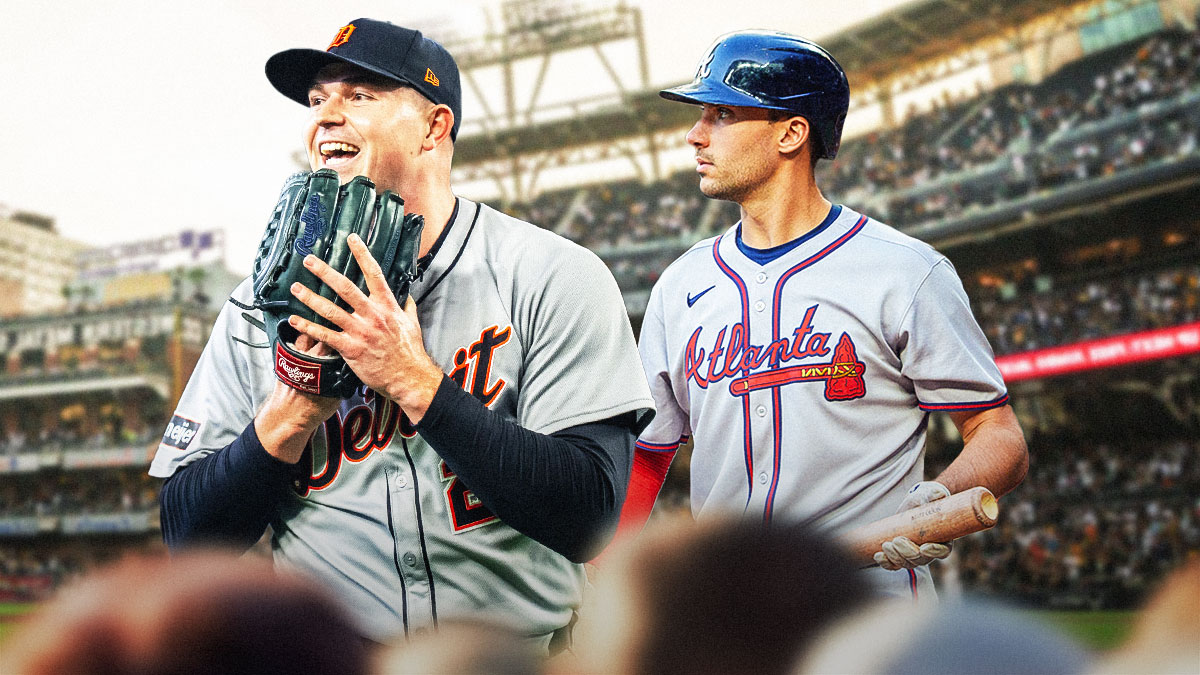 Tarik Skubal looking happy, Matt Olson looking sad