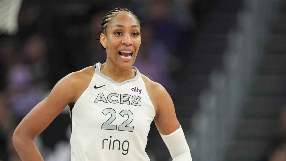 Las Vegas Aces center A'ja Wilson (22) during the second quarter against the Golden State Valkyries at Chase Center.