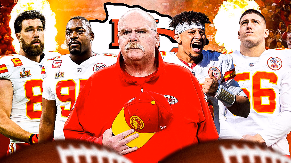 Coach Andy Reid, Travis Kelce, Chris Jones, Patrick Mahomes, George Karlaftis all beside each other, Kansas City Chiefs logo in the background
