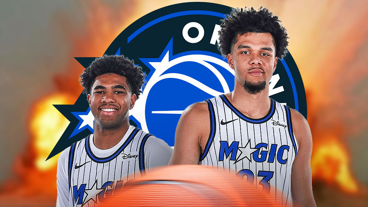 Jase Richardson, Noah Penda beside each other, Orlando Magic logo and explosions in the background