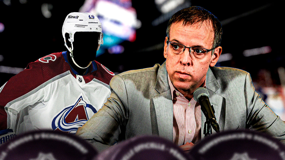 Chris MacFarland in middle looking stern, one silhouetted Colorado Avalanche player on either side (no C or A please), hockey rink in background
