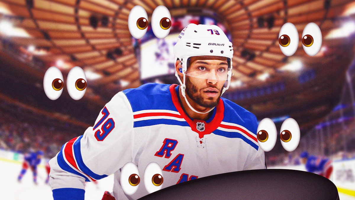 New York Rangers defenseman K'Andre Miller with eyeball emojis around him.