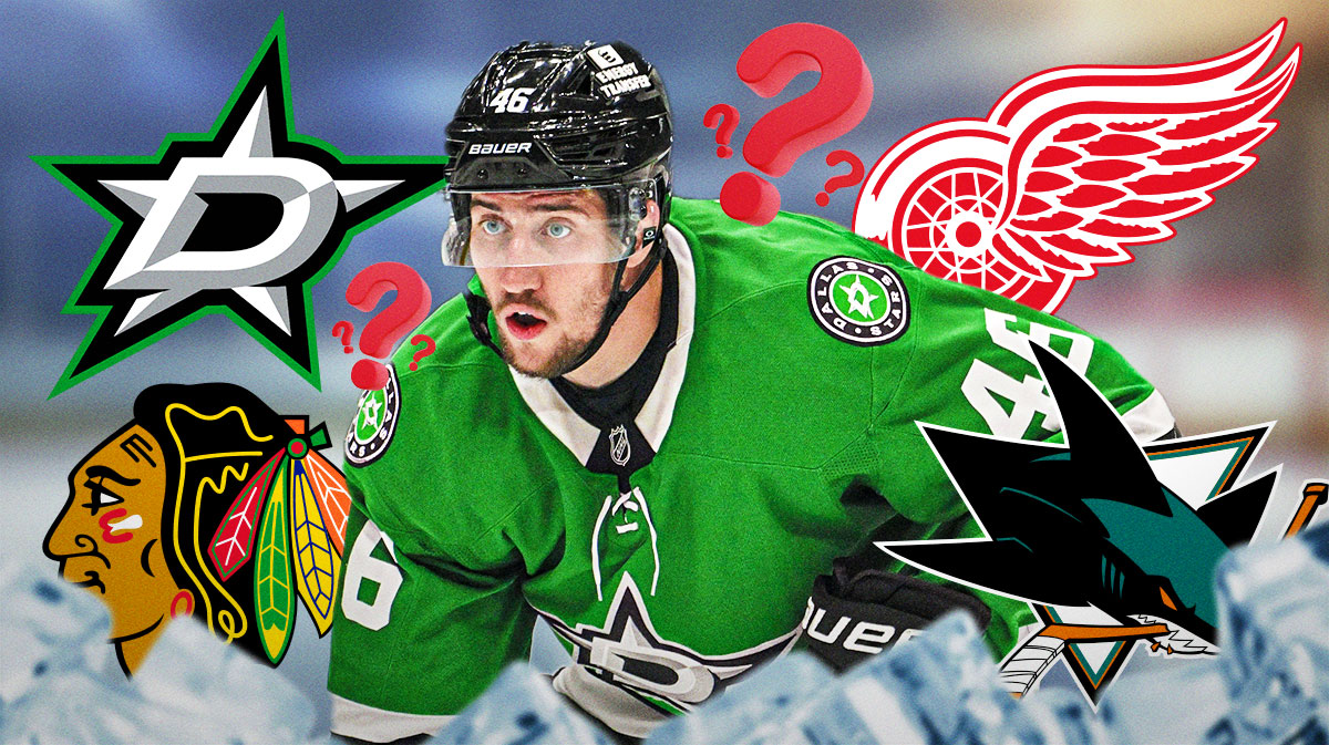 Ilya Lyubushkin with the Stars, Blackhawks, Red Wings, and Sharks logos around him. Question marks around his as well.