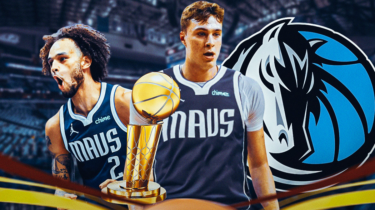 Cooper Flagg in a Dallas Mavericks jersey on the left. Dallas Mavericks 2025 logo on the right. In the background, place Mavericks Dereck Lively II, an NBA Finals Trophy, and the American Airlines Center.