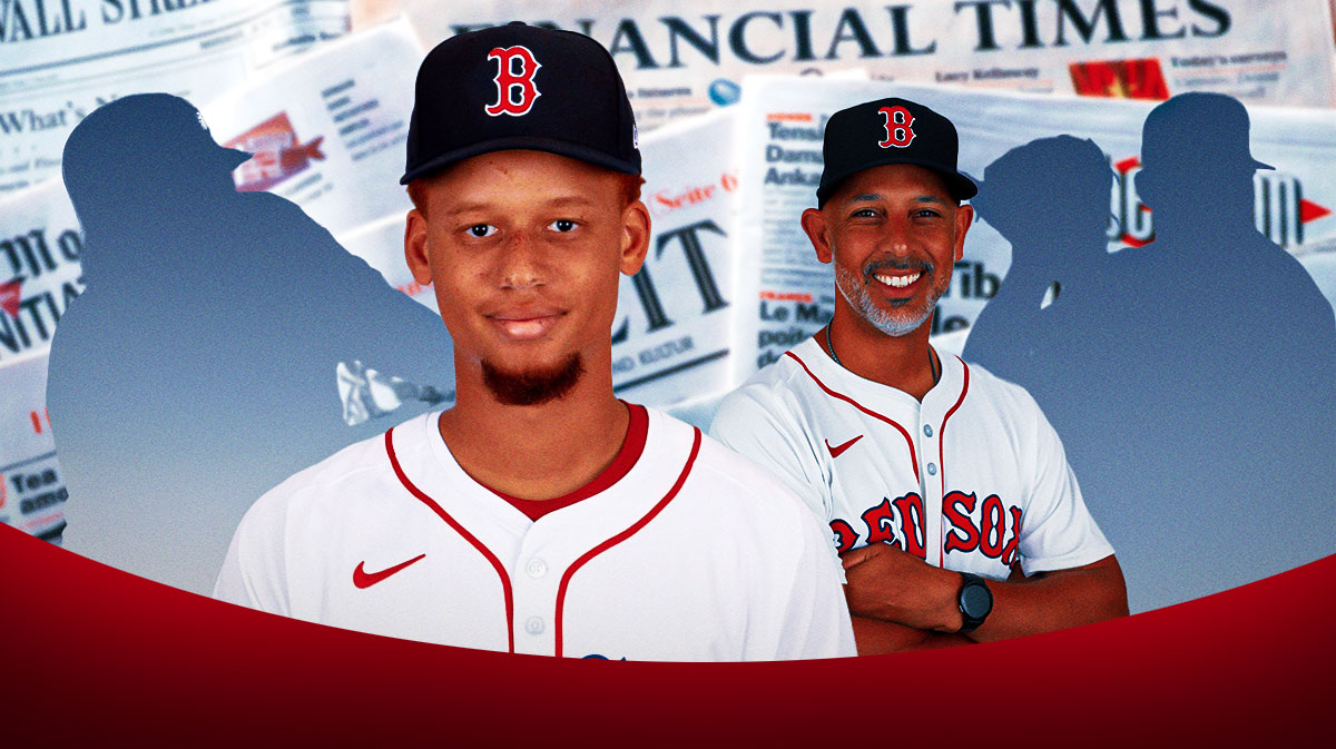 A newspaper as the background, Kristian Campbell and Alex Cora in the middle, a silhouette of a baseball hitter on one side, a silhouette of a baseball pitcher on the other side