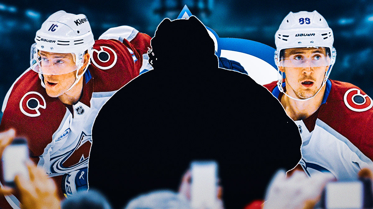 Charlie Coyle and Martin Necas on the outsides, with mystery player in the middle and avalanche logo in the background.