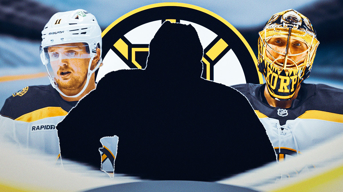 Casey Mittelstadt and Joonas Korpisalo on the outsides, mystery player in the middle. Bruins logo background.