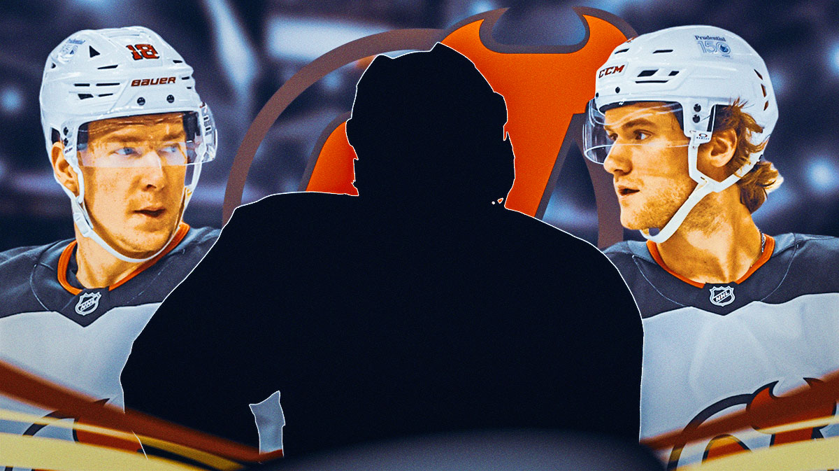 Ondrej Palat and Dawson Mercer on the outsides. Mystery player in the middle. Devils logo background.