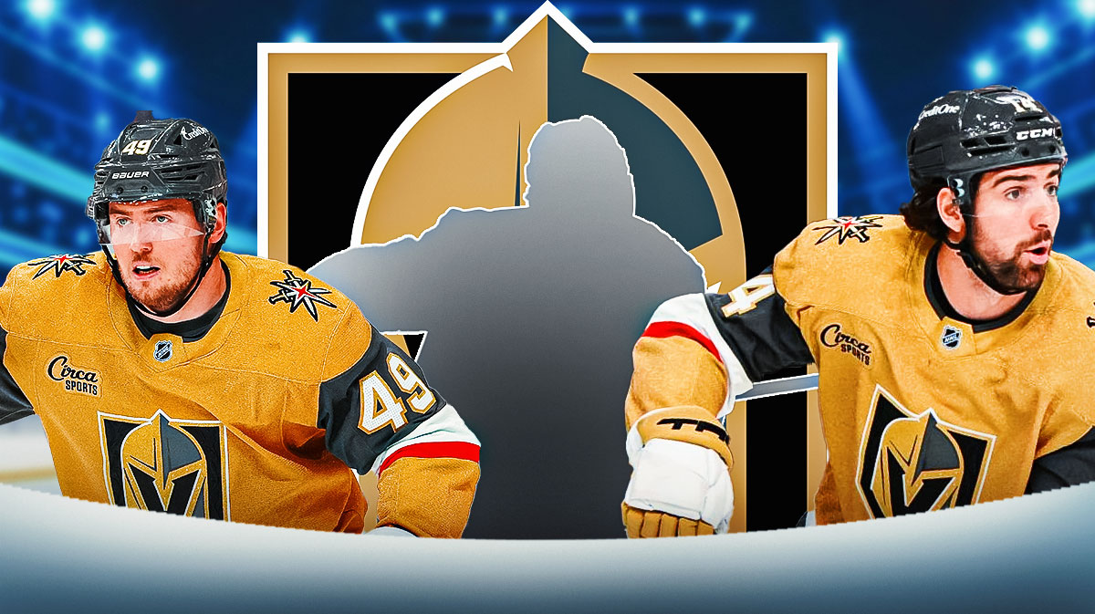 Ivan Barbashev and Nic Hague on the sides. Mystery player in the center. Golden Knights logo background.