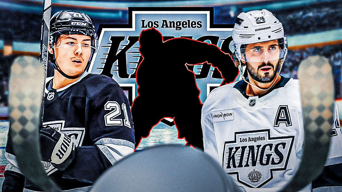 Jordan Spence and Phillip Danault on the outsides, mystery player in the middle. LA Kings logo in the background.